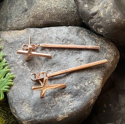 PAR Pendientes Colgantes Cruz y Barra Larga 20g Cierre Mariposa Acero Inoxidable Foto 1 de 4