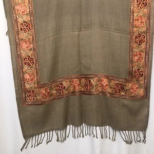 Sanskriti Vintage Long Pure Woolen Brown Indian Shawl Ari Embroidery Scarf Stole - Picture 1 of 23