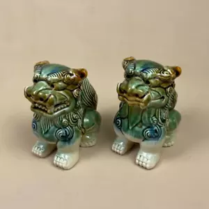 Pair of Oriental Ceramic Chinese Dragons Green Ornaments Statues Foo Dog Vintage - Picture 1 of 9