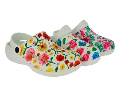 EMECO Damen Clogs Hausschuhe Gartenclogs Schuhe Badeschuhe Blumen