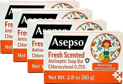 Barra de jabón antibacteriano ASEPSO, aroma fresco, 4 paquetes x 80 g/2,8 oz, EE. UU. REGISTRADO EN LA FDA Foto 1 de 4