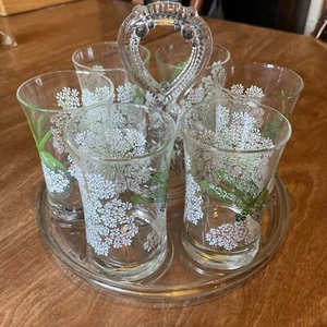 6 Vintage Juice Glasses Dragonfly Queen Anne’s Lace On  Glass Holder Carrier - Picture 1 of 6
