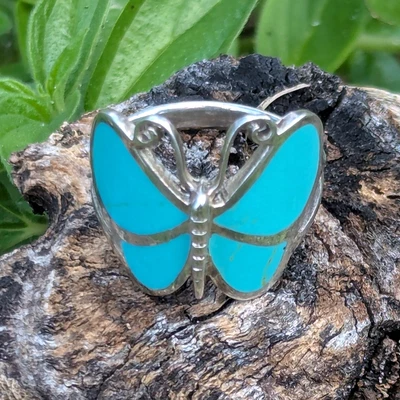 Anel de prata esterlina com motivo de borboleta cativante tamanho 10 declaração turquesa - Imagem 1 de 4