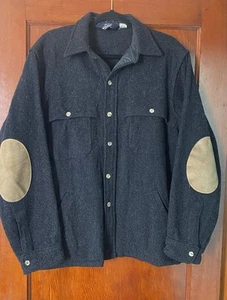 Woolrich Wool VTG 80s Cruiser Western Slate Gray Elbow Patch Shirt Jacket USA L - Picture 1 of 6
