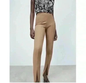 NWT Zara Front Slit ribbed high waisted leggings Tan Brown - Picture 1 of 9