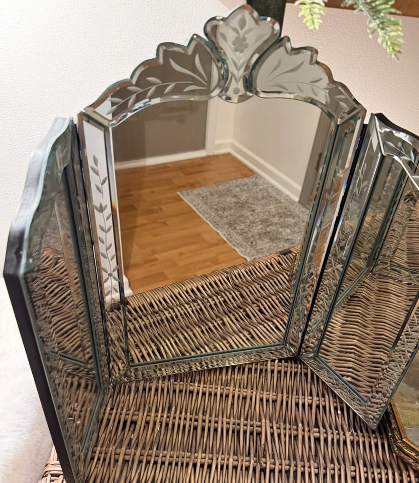 Ornate Victorian Venetian Mirror Etched Vanity Table Hangable Beveled - Image 1 of 4