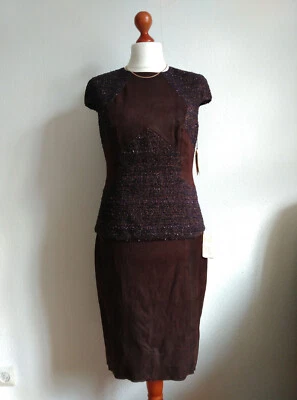 neu Talbot Runhof Wolle Leder Etuikleid Kostüm Oberteil + Rock 40 L braun lila - Bild 1 von 4