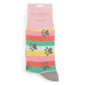 MISS SPARROW Paw Print Socks Dog Cat Paws Stripe Girls 3-7 Ladies Womens Gift - Picture 1 of 9