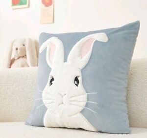 Luxurious Rabbit Cushion Cover Square Cotton Embroidered Blue Bunny Easter New