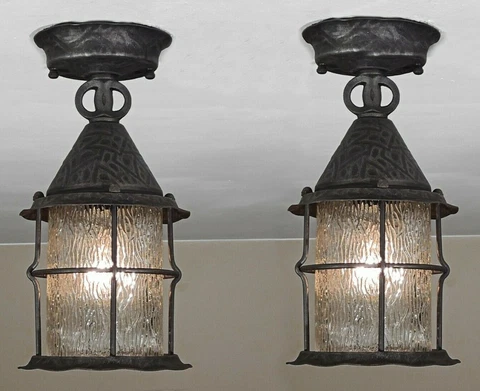 OUTSTANDING PAIR! Antique c 1910 Porch Light Fixtures Textured Glass - RESTORED! Cover