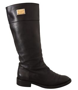 DOLCE & GABBANA Shoes Black Leather Logo Plaque High Boots EU38 / US7.5 $1300