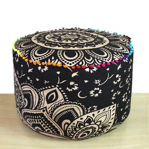 18" New Indian Pouf Ottoman Black Gold Printed Mandala Footstool Pouf Cover AU - Picture 1 of 3