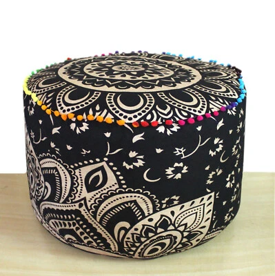 18" New Indian Pouf Ottoman Black Gold Printed Mandala Footstool Pouf Cover AU - Image 1 of 3