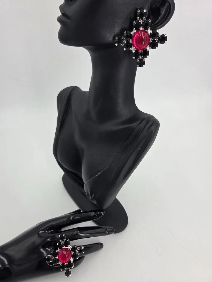 Drag Queen Jewelry, Costume Jewelry, Rhinestone, Jet Black And Red Cabochon - Image 1 of 1