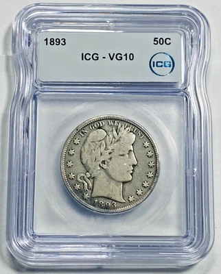 1893 50c Barber Half Dollar 90% Silver Coin, ICG VG10 - Image 1 of 2