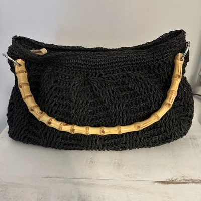 Cartera de paja Caribbean Joe Let’s Go mango de madera negra muy limpia Foto 1 de 4