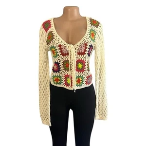 Cárdigan boho cuadrado abuela ganchillo multicolor debut para mujer talla mediana - Imagen 1 de 10