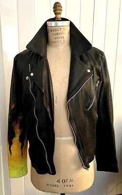 Chaqueta Topman Cuero Motociclista Moto Talla Grande Delgada Cuero Real Negro Llamas Foto 1 de 4