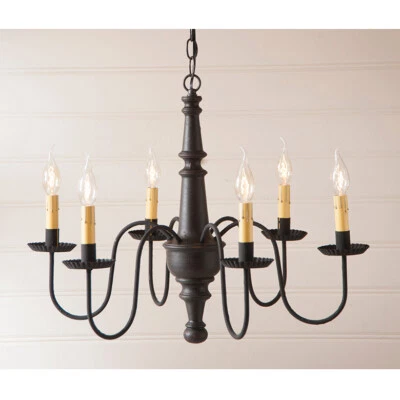 Harrison 6-Arm Americana Black Wood Primitive Country Colonial Chandelier Light - Image 1 of 3