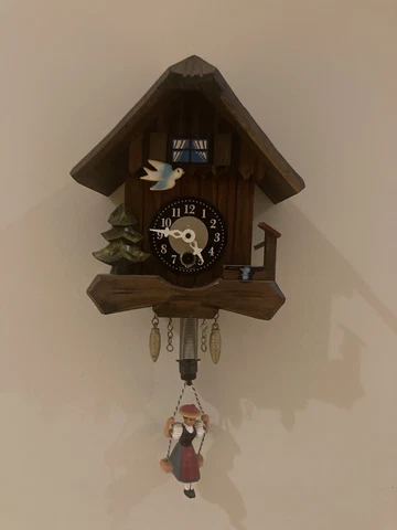 2 VINTAGE SMALL MADE IN GERMANY Bluebird Swinging Dutch Girl CUCKOO Clocks + Key Cover