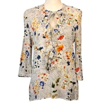 Blusa NANETTE LEPORE S Blanca Floral Dobladillo Crudo Volantes Cuello Atado Manga 3/4 Femenina Foto 1 de 4