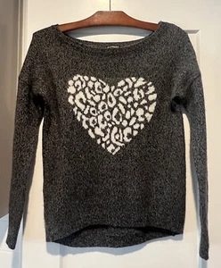 Women's Express Small Gray Sweater with Leopard Print White Heart - Picture 1 of 8