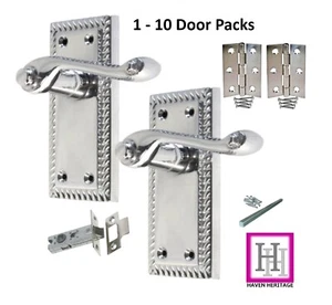 FULL DOOR HANDLE PACK GEORGIAN POLISHED CHROME with ROPED EDGE + HINGES + LATCH - Picture 1 of 53