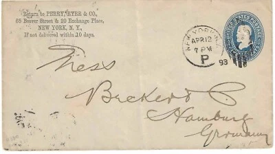 US 1893 Sc# U 330 used stamped cover mailed from New York (DPO)  to Germany , - Image 1 of 4