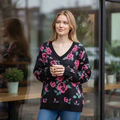 Suéter LuLaRoe Britney Mujer Pequeño Negro Rosa Tejido Cuello en V Pullover Acrílico Foto 1 de 4