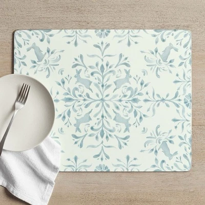 New Set Of 4 Pottery Barn Blue Lamanated Cork Placemats Easter Spring Rabbit - Image 1 of 4