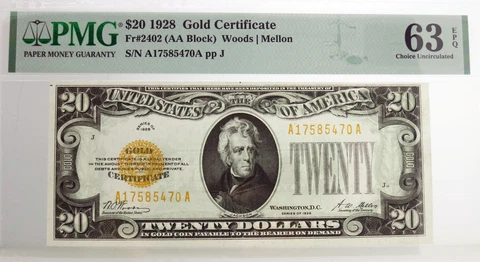 Series Of 1928 $20 Small Size Gold Certificate Fr#2402 PMG Choice UNC 63 EPQ Cover