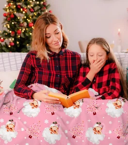 Christmas Fuzzy Blanket Pink Santa Clause Xmas Tree Throw Pink Christmas Plush - Picture 1 of 9