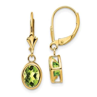 Oval Natural Peridot Leverback Dangle Earrings in Real 14k Yellow Gold - Image 1 of 4