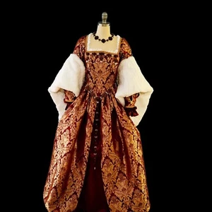 Vestido estilo Tudor brocado borgoña con mangas de piel vestido renacentista disfraz - Imagen 1 de 4