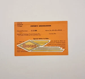 ORIGINAL HARLEY OWNER'S MEMORANDUM CARD (46 EL 2612) - KNUCKLEHEAD - Picture 1 of 2