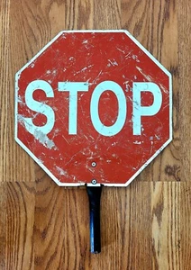 VINTAGE DOPPELSEITIGER METALLSTOPP & LANGSAMES SCHILD METALLGRIFF VERKEHR HAND GEHALTEN - Bild 1 von 7