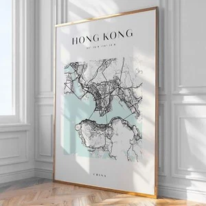 Hong Kong City Map Print, Home Decor, Wall Art, Print, Poster, Framed - Picture 1 of 5