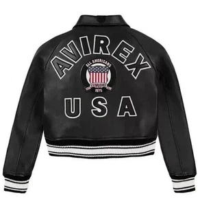 Women's Avirex USA Crop Style Black Icon Cowhide Leather Bomber Biker Jacket - Picture 1 of 5