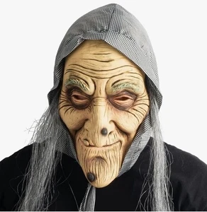 CreepyParty Old Witch Mask with Hair & Headscarf Human Realistic Full Head Latex - Picture 1 of 9