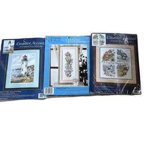 Lotto 3 kit vintage PUNTO CROCE quattro stagioni, faro e tazza da tè pila NUOVI - Foto 1 di 4