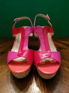 MARC FISHER RED/PINK/ORANGE WEDGE HIGH HEEL SANDALS SIZE 6.5M - Picture 1 of 7