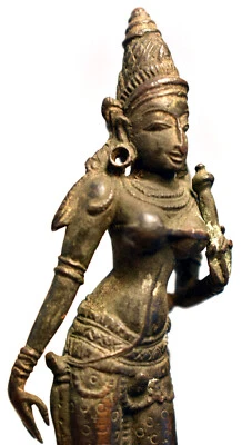 Rare Ancient Miniature Chola Bronze Hindu Statue - Bhudevi - Medieval c. 12th C - Image 1 of 4