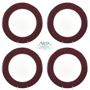 Arita Sasaki TARTAN PLAID 10.75" Dinner Plate Set 4 Red Green Christmas Japan - Picture 1 of 10