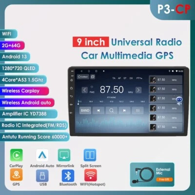 Double 2Din 9" Car Stereo Radio 2+64GB GPS Navi WIFI Apple Carplay Android 13 BT - Image 1 of 4