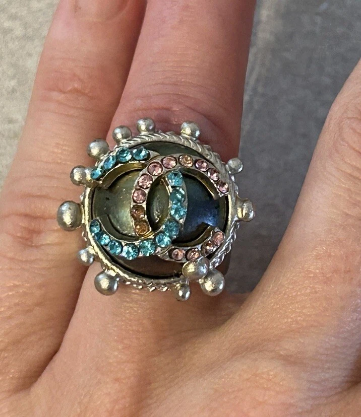 CHANEL 02 Vintage Crystal Pink And Blue CC Embellished  Silver Tone Ring - Image 1 of 4