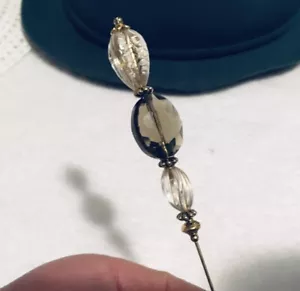 Cute HATPIN with French Design on Clear and Smoke CRYSTAL on Gold Finish - 6” - Picture 1 of 14