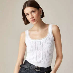 J.CREW Pointelle Sweater Tank Top Large White Lace Trim Premium Ultrafine Cotton - Picture 1 of 8