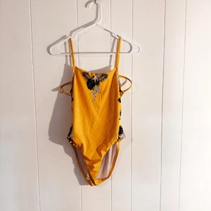 Out From Under Womens Swimsuit One Piece Yellow Floral  High Cut Open Back Sz M - Picture 1 of 8