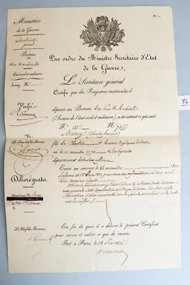 1826 France Army Soldier Service Certificate Napoleon Waterloo Battle War  - Image 1 of 4
