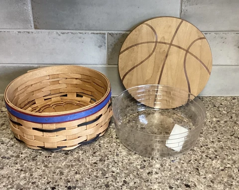 LONGABERGER TIP OFF BASKET 7" ROUND KEEPING Basketball Lid & Protector Red Blue Cover